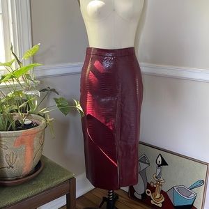 Sunday in Brooklyn faux snakeskin skirt with slit, small, medium red midi pencil